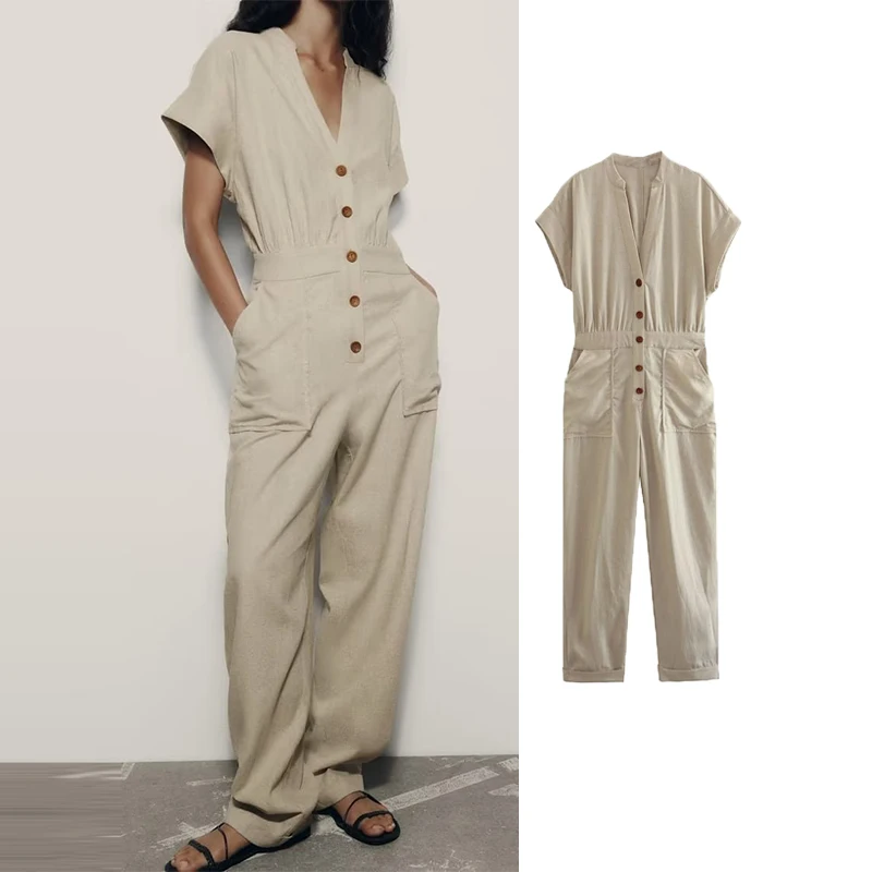 

TRAF Long Jumpsuit Women Off V-neck Jumpsuits Woman 2023 Short Sleeves Summer Casual Jumpsuit Fashion Streetwear
