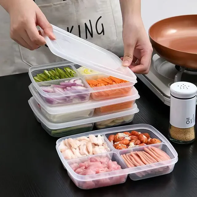 Boîte de rangement pour réfrigérateur, bac à légumes pour repas emballés, aliments scellés de qualité alimentaire, viande congelée, stockage réfrigéré à quatre compartiments 1