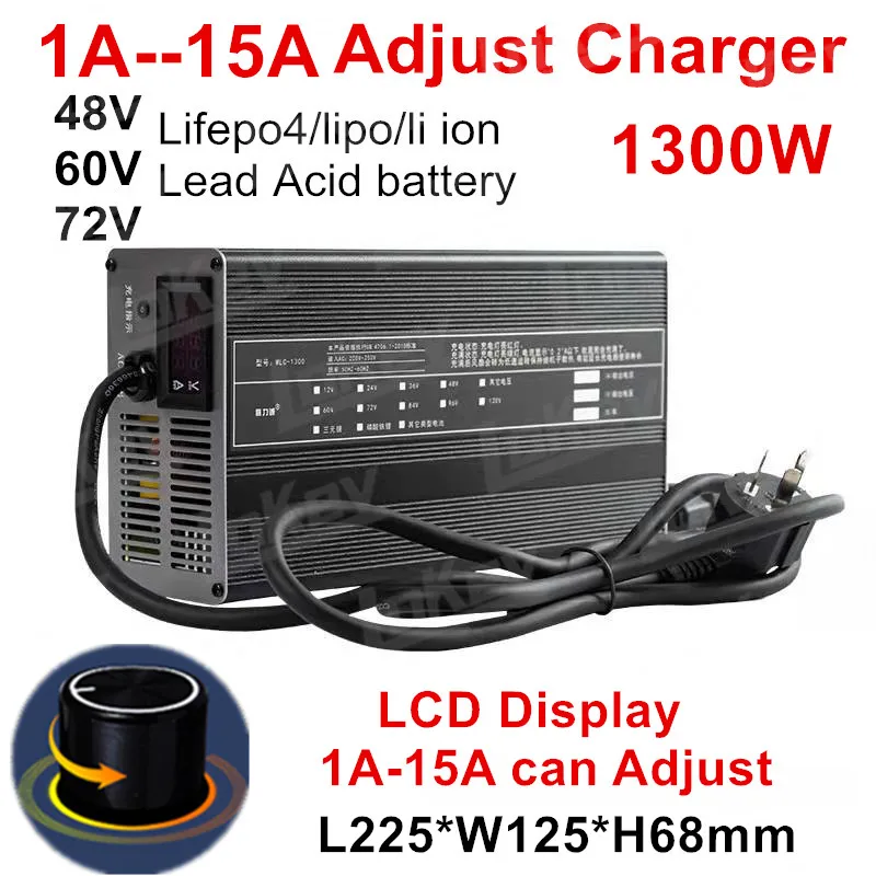 

1A to 15A Adjust charger 48V 60V 72V 54.6v 58.8v 58.4v 67.2v 71.4v 73v 84V 87.6v 88.2v lithium lead acid batterys13S 16S 20S 24S