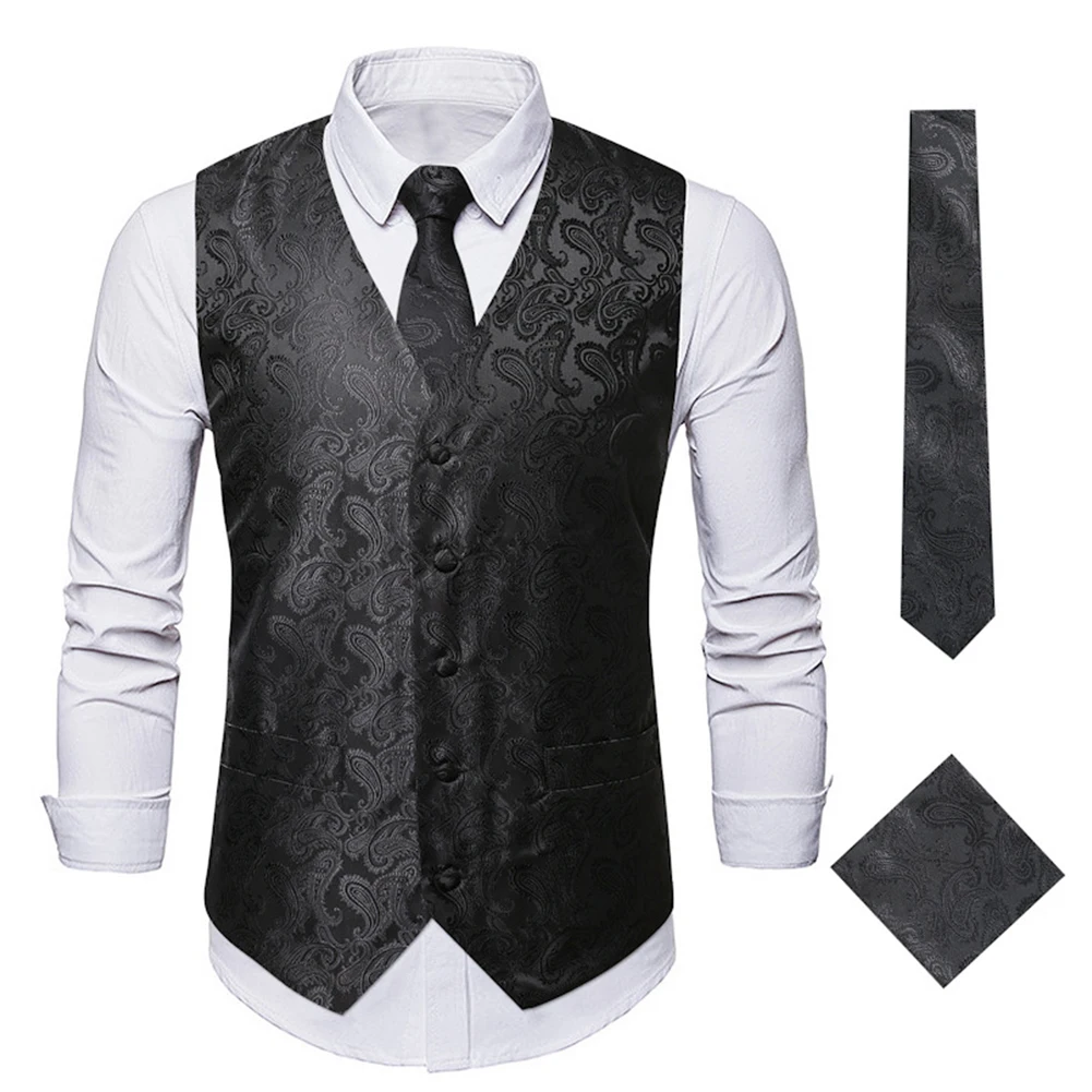thumbnail image 1 of unids/set de chalecos de traje para hombre, bufanda cuadrada y corbata bordada, chaleco Formal de un solo pecho para hombre, conjunto de traje de boda, 1 of 5