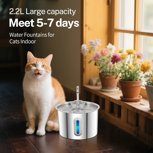2.2L Stainless Steel Cat Water Fountain,Pet Water Dispenser With Filter,Dog Drinking Fountain For Cats,Ultra Quiet Water Pump 5