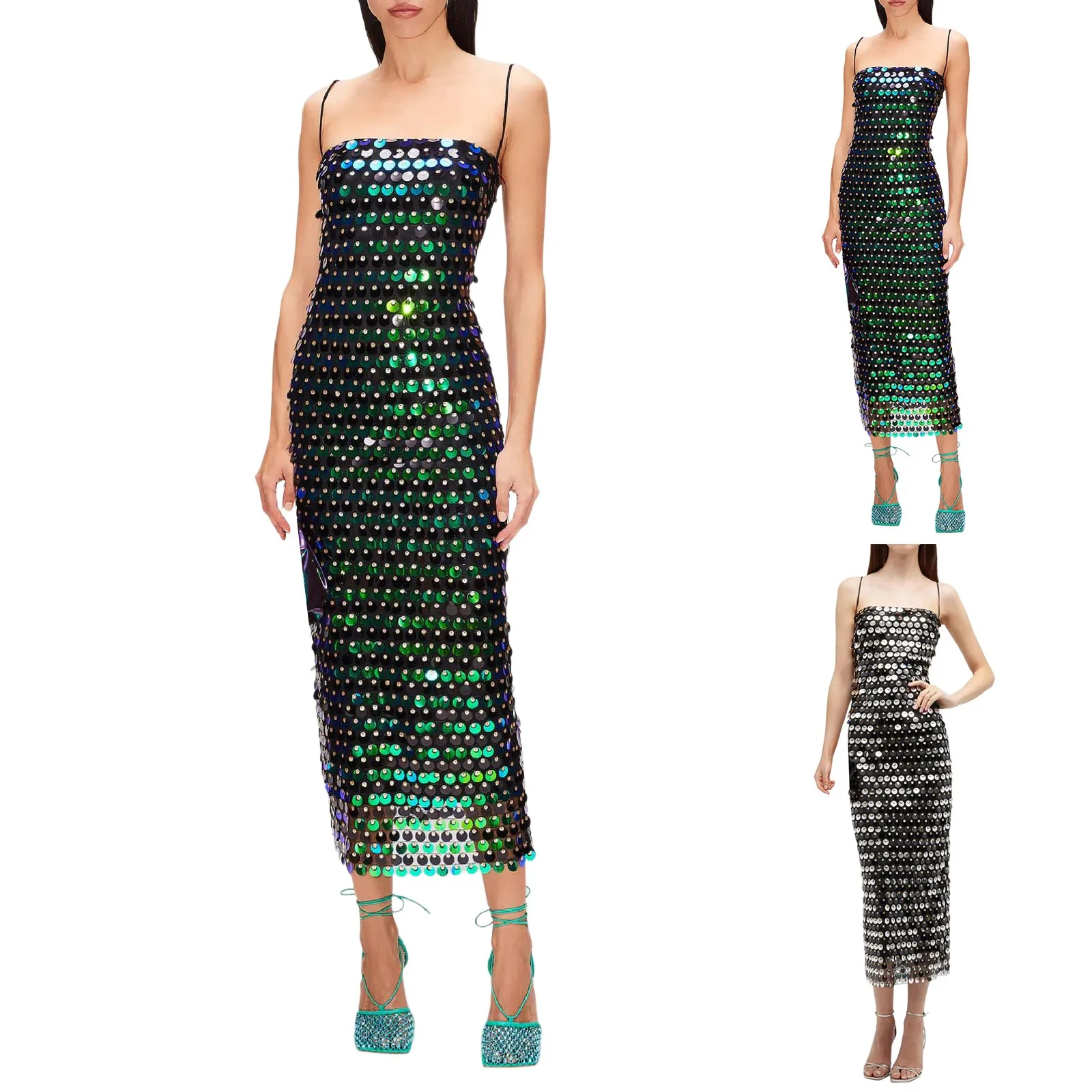

Sequined Tube Top Strap Dress Women Sexy Sleeveless Slim Solid Straight Long Vestidos Fashion Backless Slip Split Evening Robe