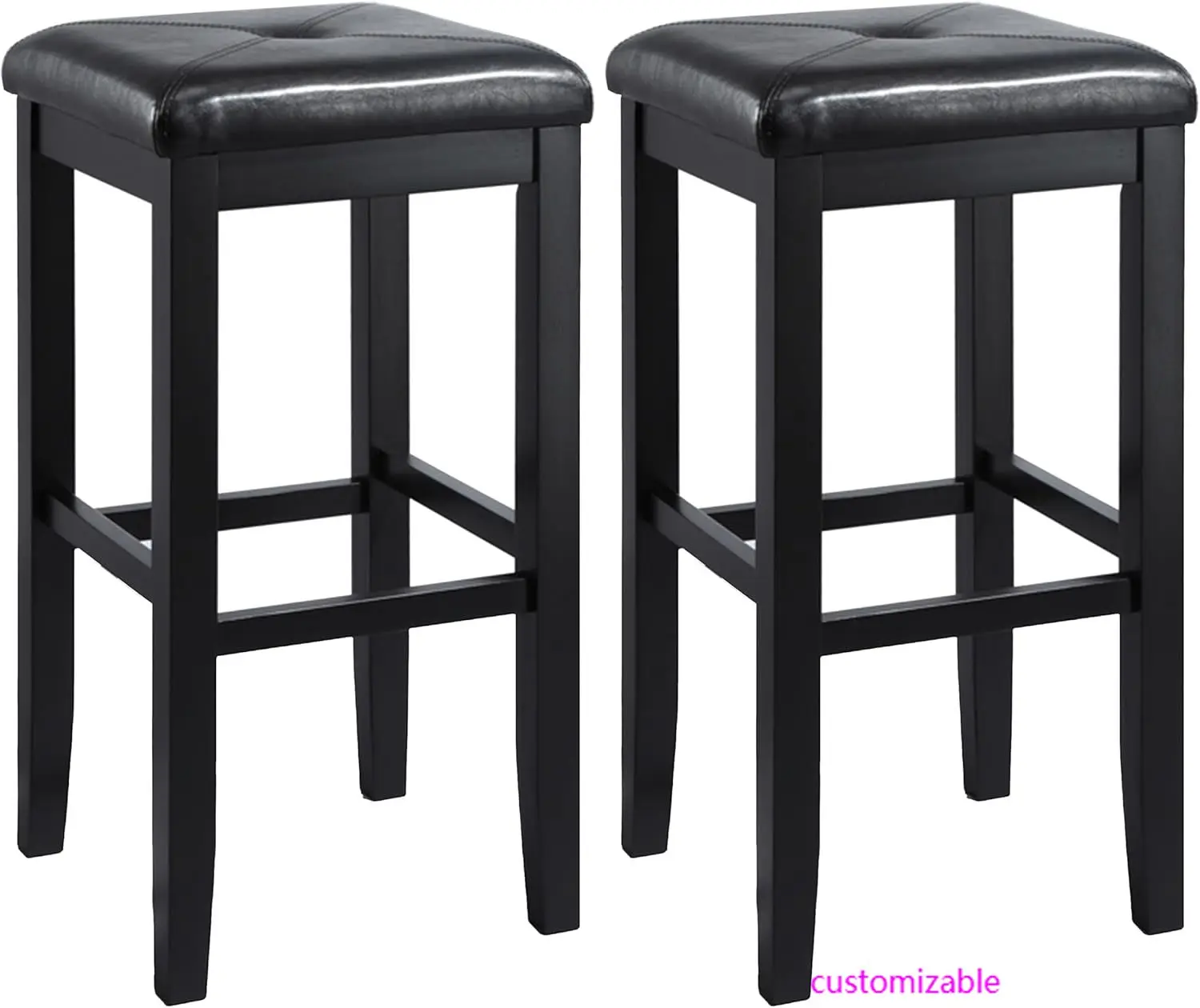 Upholstered Square Seat Bar Stools Set of 2, Black, 29-inch