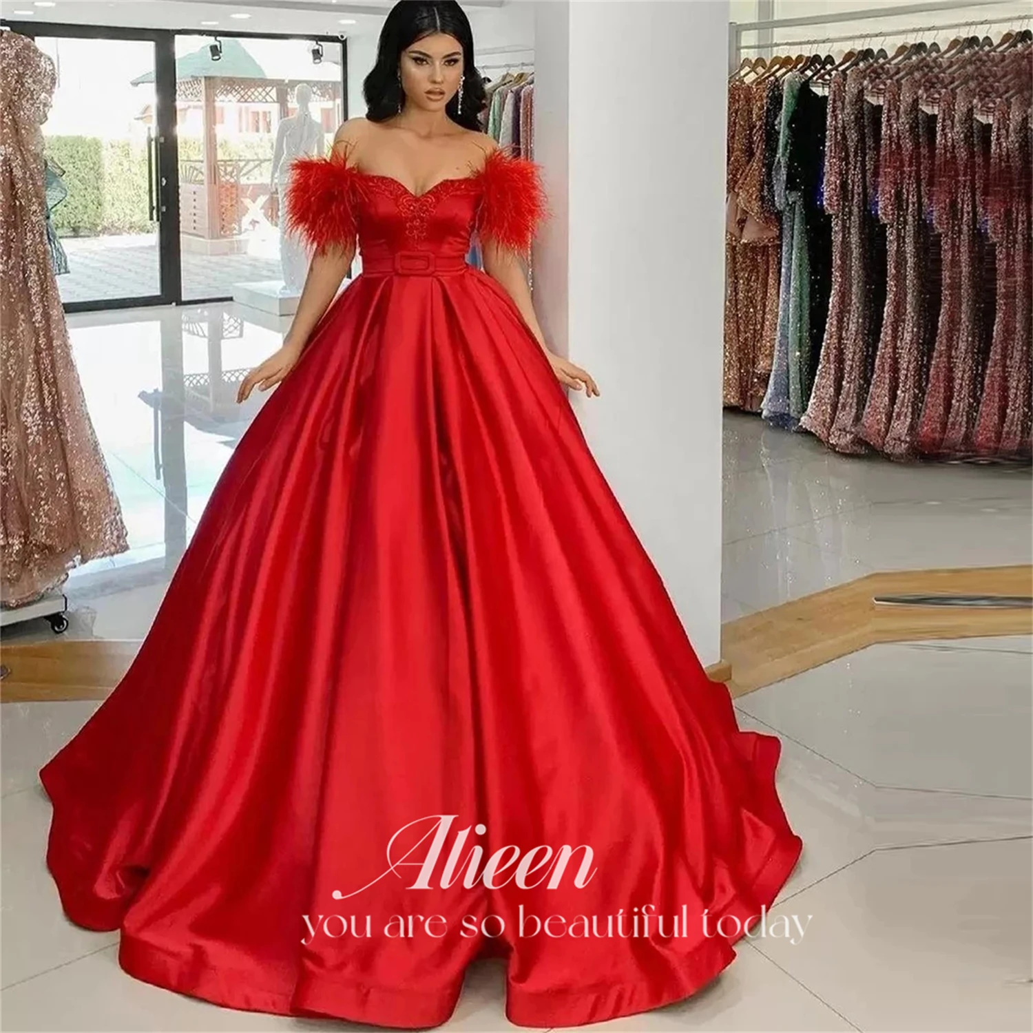 

Aileen Satin Long Dresses for Wedding Party Dresses Woman Feather Bar Mitzvah Party Dress Women Elegant Luxury Red Evening Gown