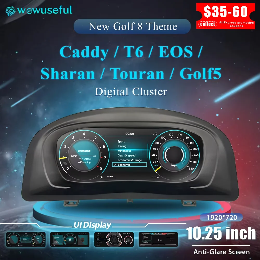 Wowuseful 10.25 Lcd tableau de bord numérique Cluster pour VW variante Caddy Touran T6 EOS Sharan Golf 5 Instrument virtuel Paneel Cockpit