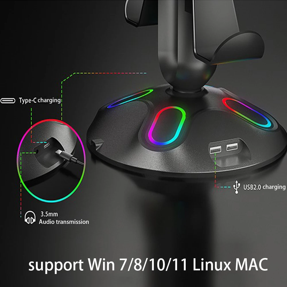 스위치 PS5 Xbox 컨트롤러용 RGB 게임 컨트롤러 거치대, C타입 게임 헤드셋 스탠드 지지대, Win7, 8, 10, 11, 리눅스, 맥, 3.5mm