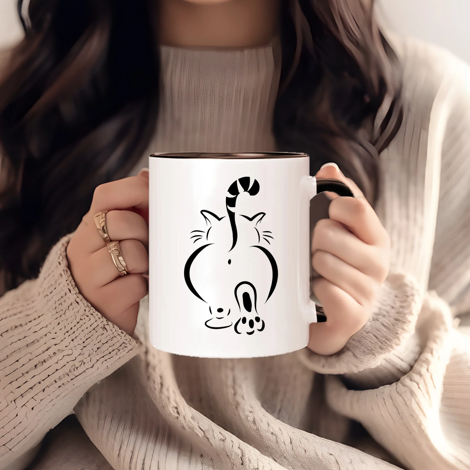 Large Ceramic Cat Insulated Coffee Mug Reusable Beverage Cup_voghion.com