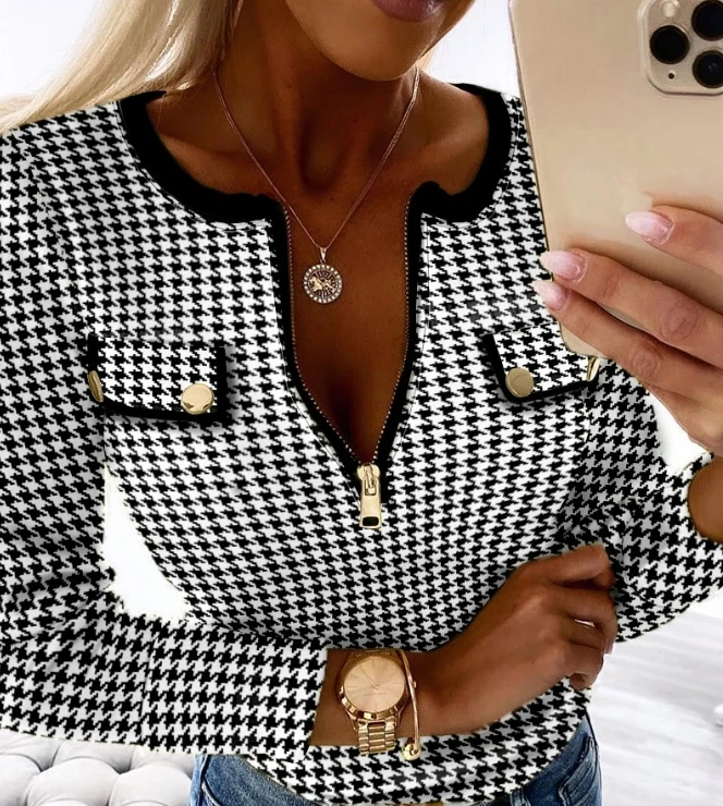 Blouse for Women 2023 Winter Houndstooth Print Zipper Design Flap Detail Top Women Long Sleeveless Blouses Office Lady