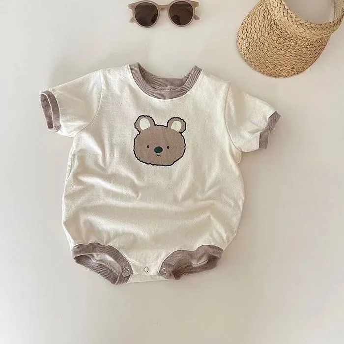 Summer Baby Girl Cute Bear Casual Short-sleeved Jumpsuit Toddler Boy Cotton Cartoon Romper Infant Unisex Breathable One-pieces Newborn Knitting Romper Hooded 