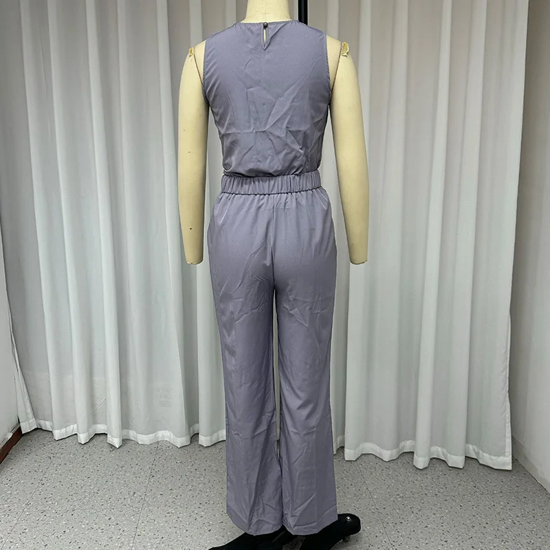 Wefads Two Piece Set Women Summer Casual Office Solid Round Neck Sleeveless Pullover Vest Top Loose Wide Legs Lace Up Pants Sets