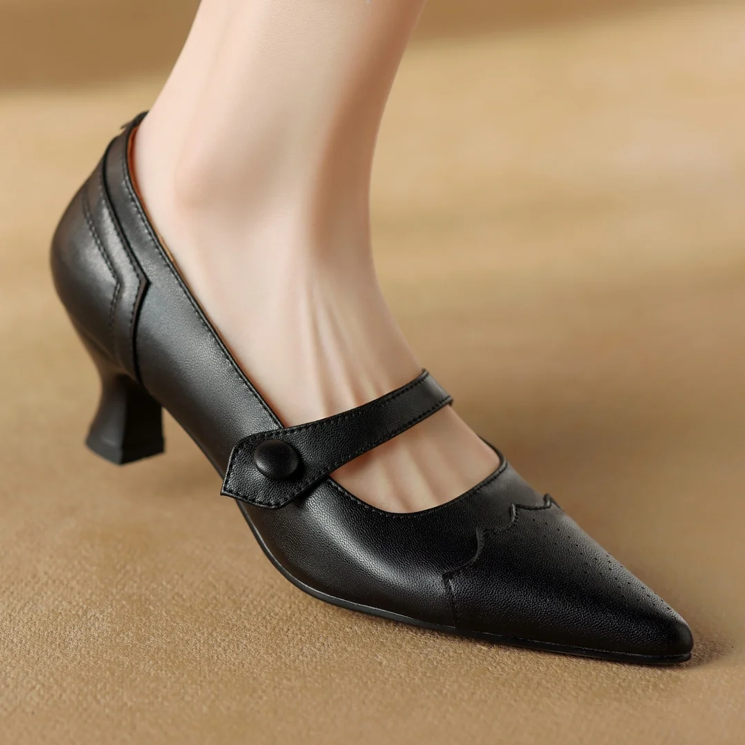 

Women's genuine leather kitten heel pointed toe Mary Jane pumps elegant ladies retro French style heeled dress shoes for woman