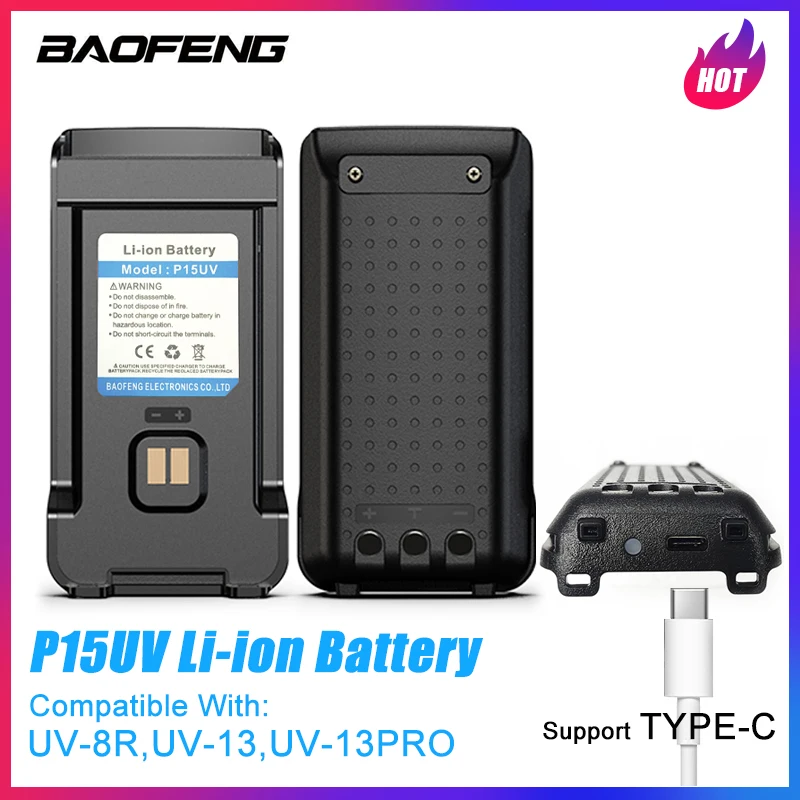 Baofeng Walkie Talkie P15Uv Batteria Agli Ioni Di Litio Compatibile Con Uv-8R/Uv-13/Uv-13Pro Radio Bidirezionale Alimentatore Extra Type-C Ricarica
