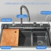 Shinesia Stainless Steel Kitchen Waterfall Sink Digital Display Large Single Sink Dish Basin Sink With Multifunction 5
