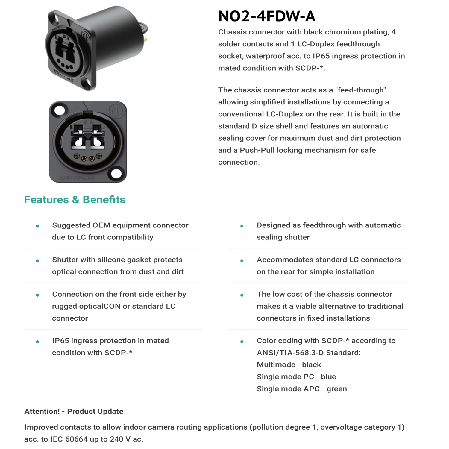 NEUTRIK 2 채널 LC 피드 스루 소켓 NO2-4FDW-A, 전문 방송 광섬유 섀시 커넥터, OEM 장비에 적합
