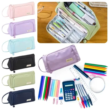 Astuccio portatile per matite, borsa porta matite multistrato in tinta unita, grande capacità con maniglia, scatola per penne, forniture per scuola e ufficio