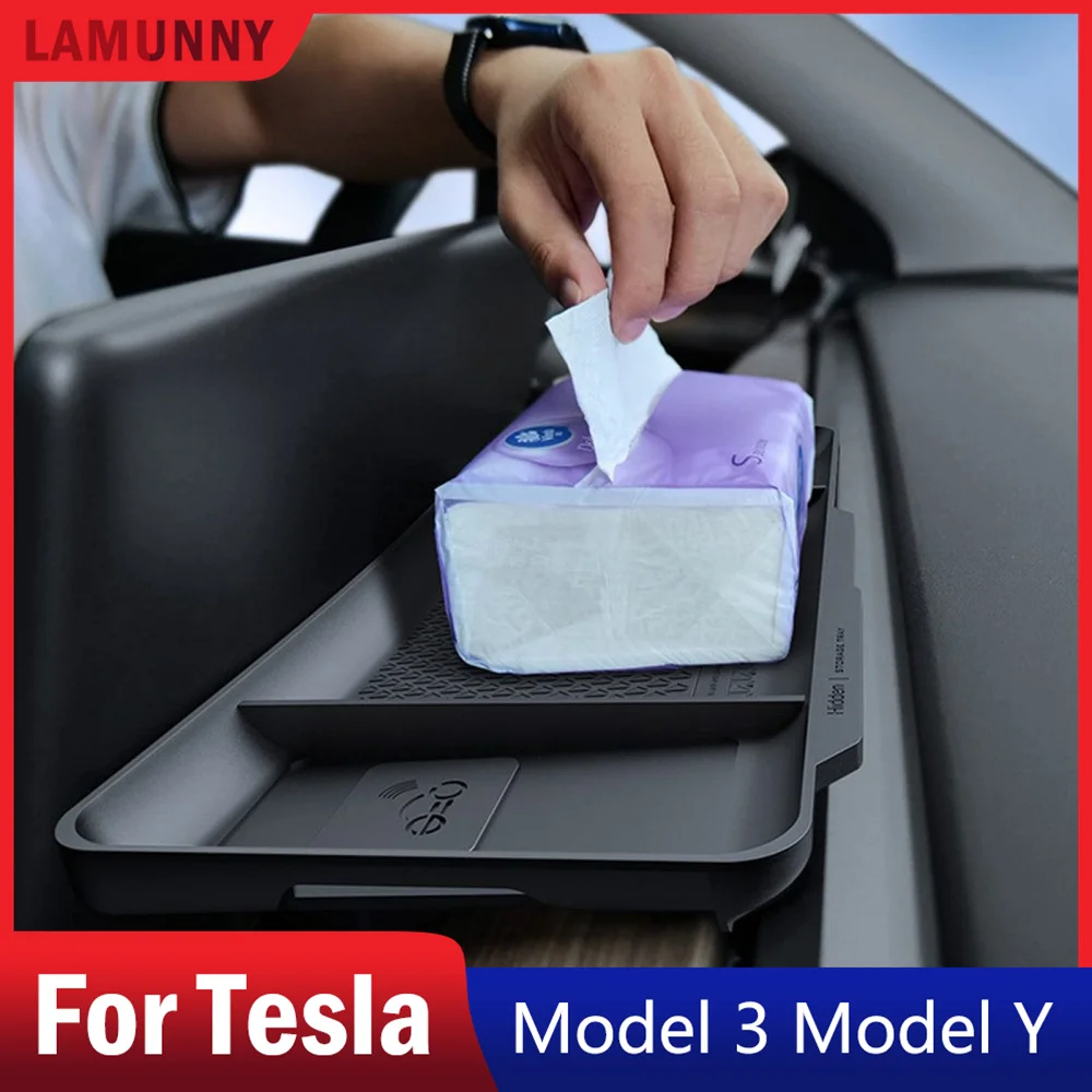 

For Tesla Model 3 Y Center Console Organizer Tray Accessories, Screen Rear Storage Box Dashboard Hidden Tray Non-Slip