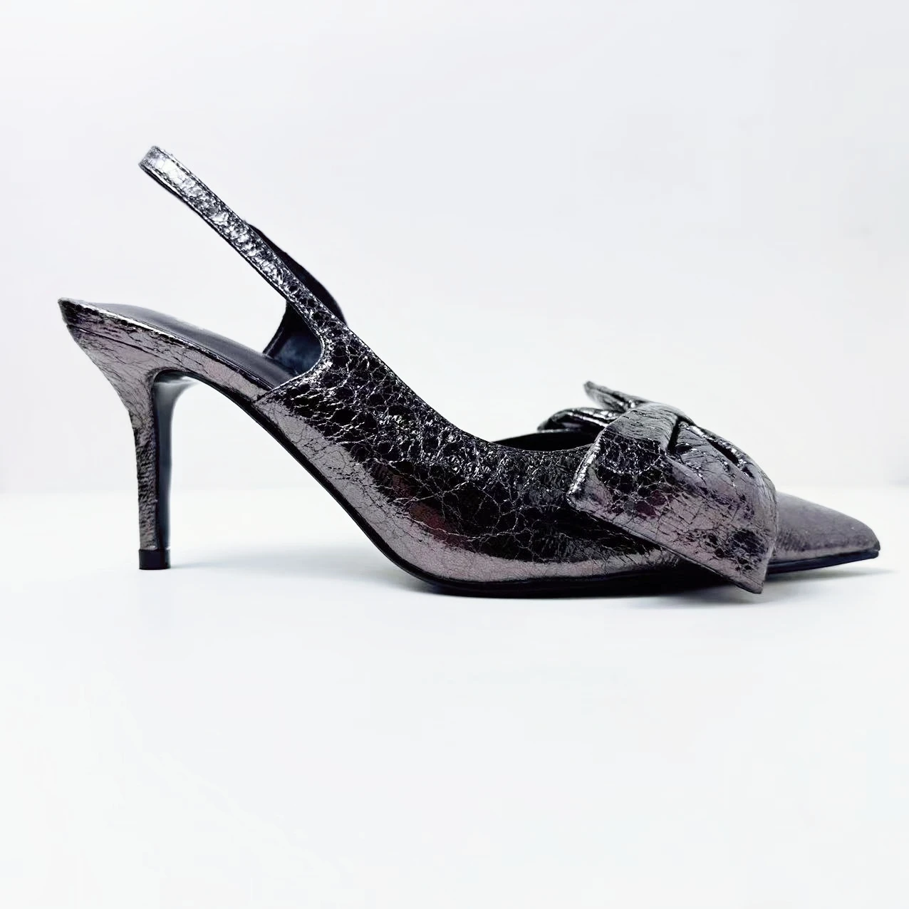 

The New 2024 Women's Shoes With Stiletto Shoes With Lead-gray Bow and Metal High-heeled Fashion Sandals.