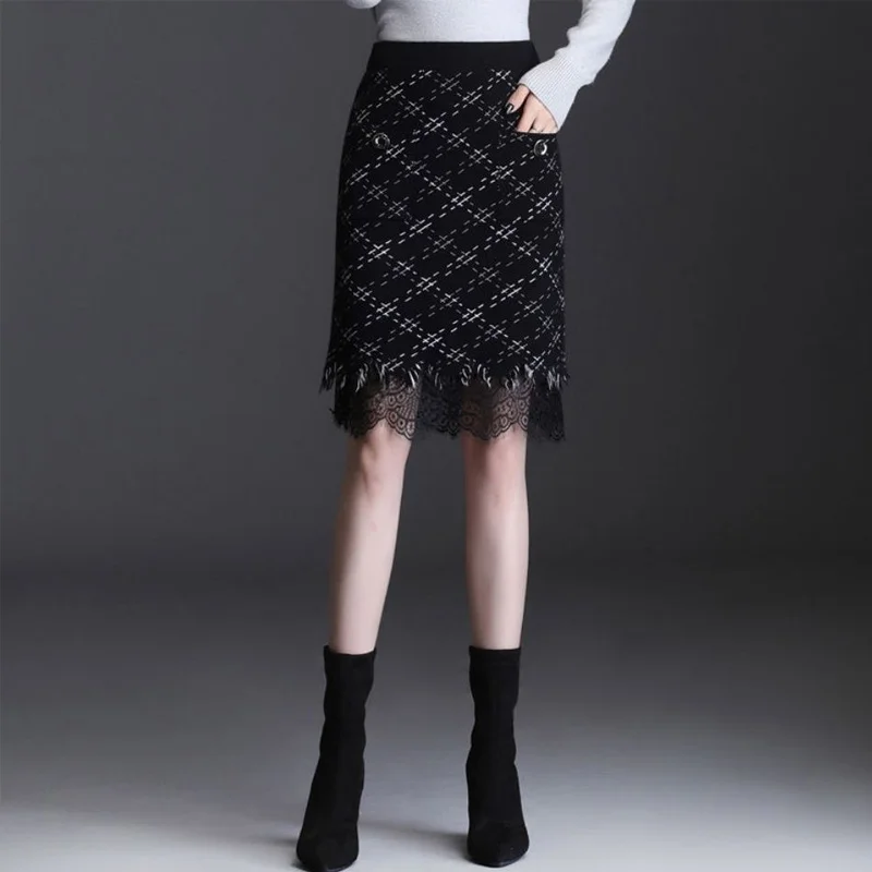 Autumn Winter New High Waist Plaid Knitted Skirts Slim Lace Patchwork Fashion Bodycon Dress Elegant Temperament Women Clothing