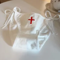 Sous-vêtement imprimé croisé à lacets pour cosplay d'infirmière, coton Lolita, culotte douce pour fille, sexy, taille basse, respirant, doux, mignon 5