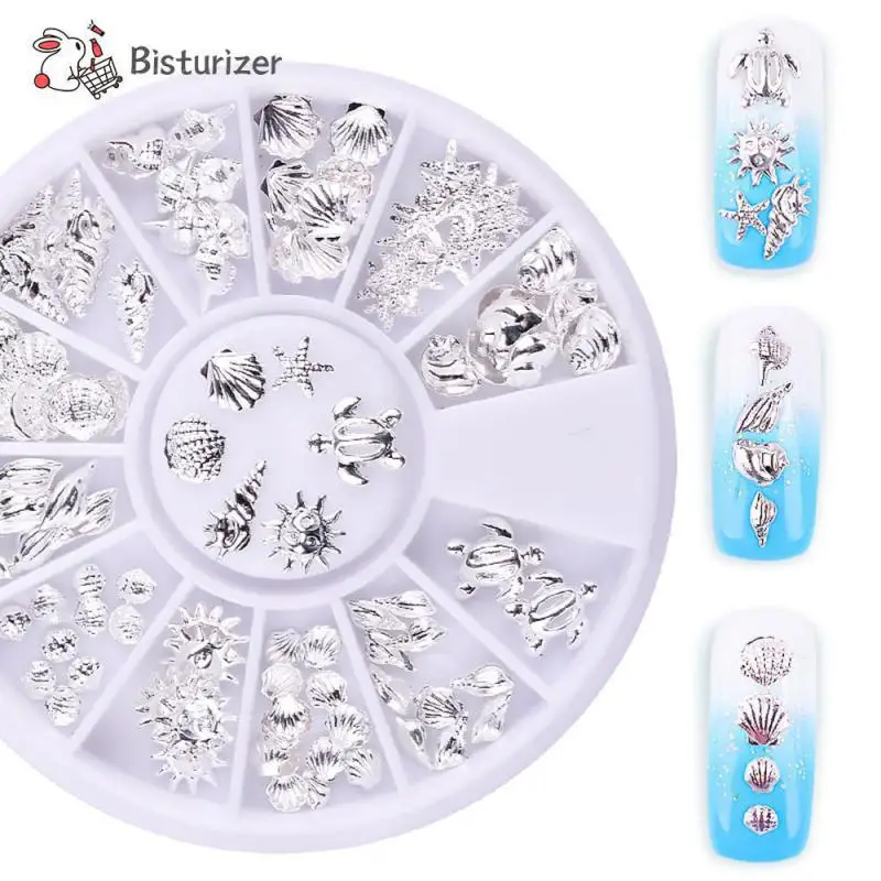 Sea Shell Nail Studs Unique Metallic Slice Flakes Nail Art Starfish Nail Art Creative Silver Metallic Nail Designs Metallic