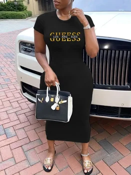 Summer black sexy dress women's GUEESS letter printed casual slim fit short sleeved round neck T-shirt and nude long skirt 1