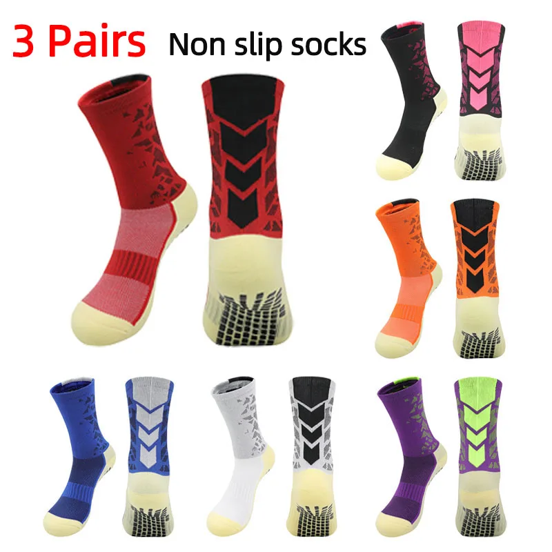 3 Pairs Good Quality Anti Slip Soccer Socks Adults Style Non Slip Grip Socks Football Baseball Towel Bottom Mid-Tube Sport