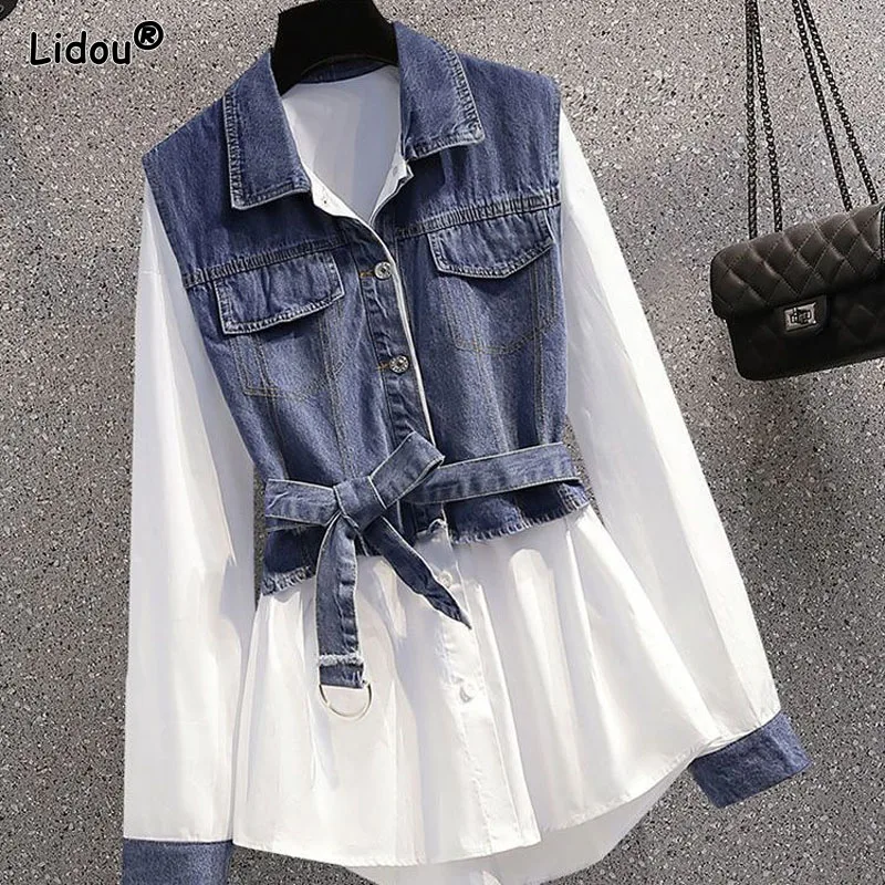 Korean High Quality Denim Spliced Cotton Linen Single Breasted Women Shirt Mid-length Turn-down Collar Lace-up Bow Autumn Winter