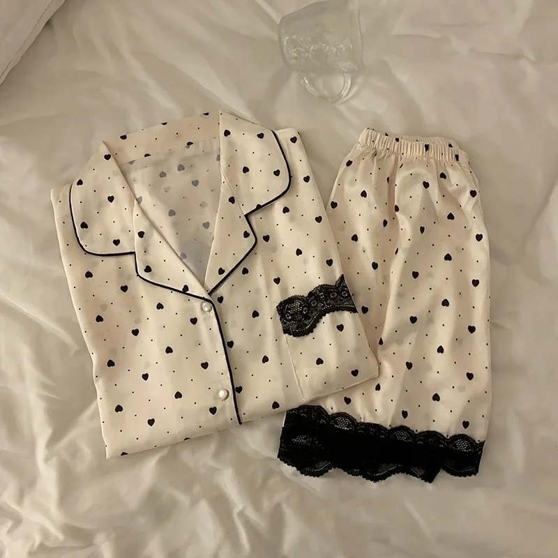 Ling Lace Heart Print Button Down Loungewear Pajamas Ice Silk Satin Sleepwear Women 2PCS Women's Home Wear Short Sleeved Set