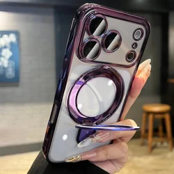 Transparent Fold Holder Phone Case with Magsafe Magnetic Cover and Glass Lens Film for iPhone 15 (Dark Purple)