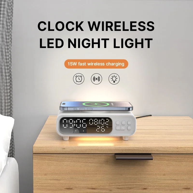 Wireless Charger Pad Time Alarm Clock LED Night Light Thermometer Phone Earphone Fast Charging Station for iPhone Samsung Xiaomi