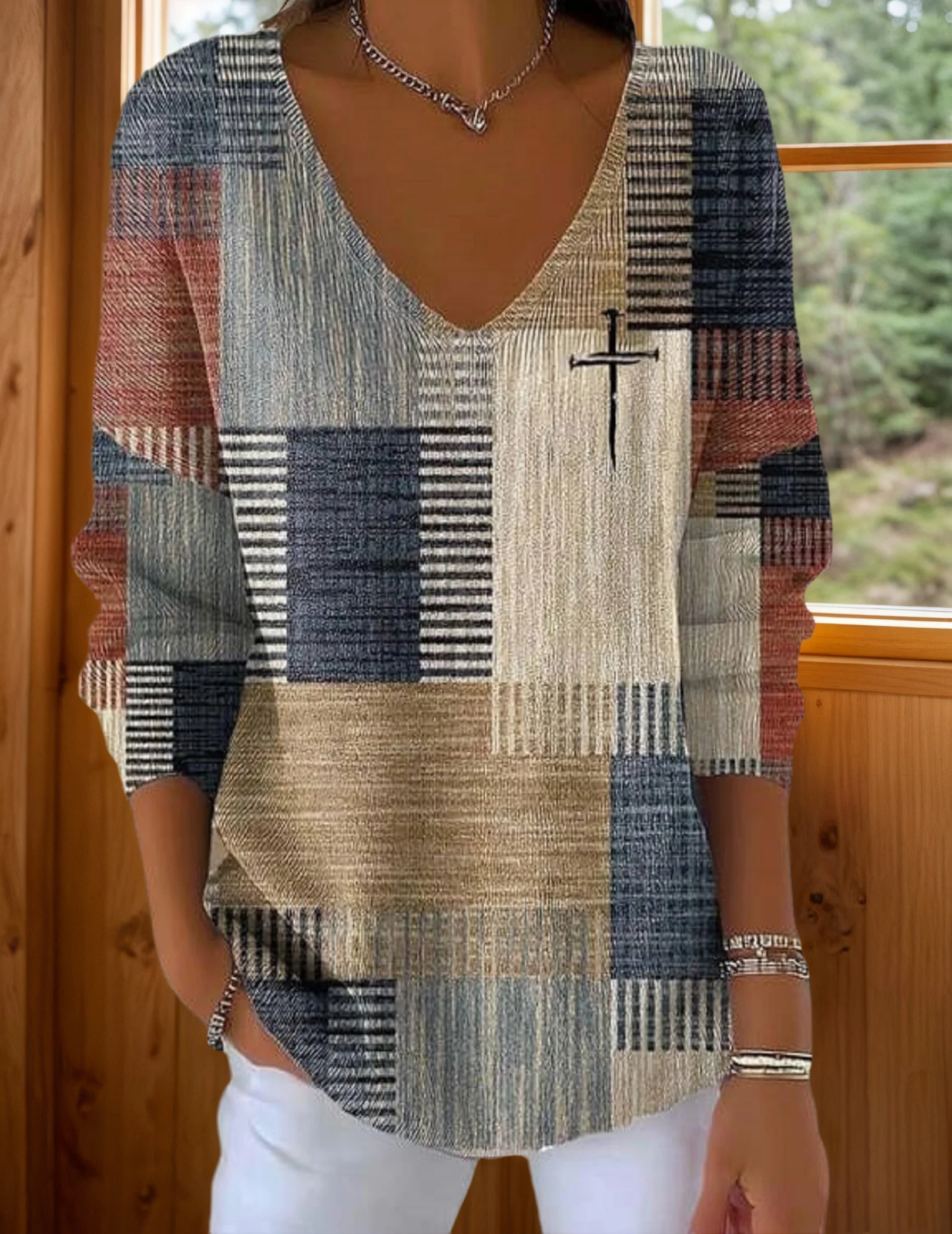 Womens Casual Retro Color Block Faith Cross Jesus Sweatshirts