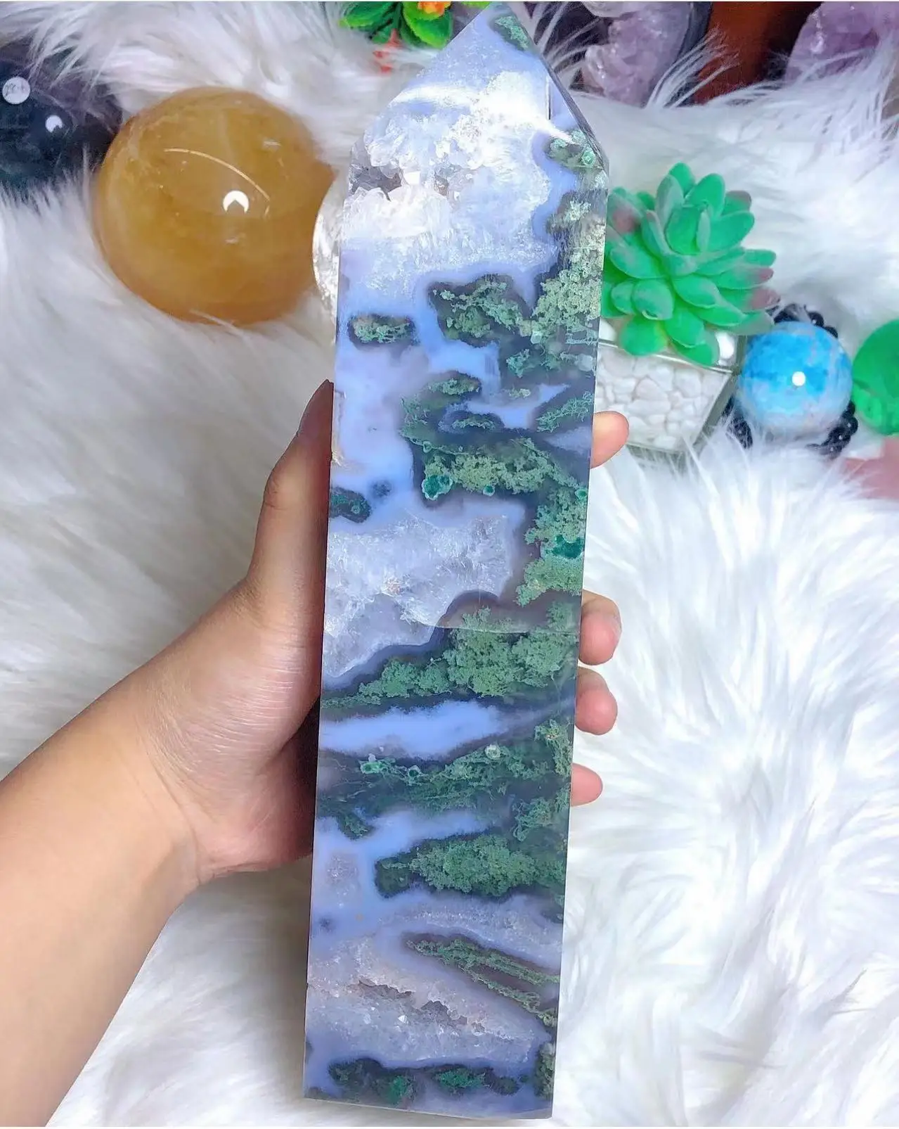 

1PC Natural Large Moss Agate Crystal Tower Druzy Quartz Four or Six -Side Wand Reiki Home Decoration Gifts