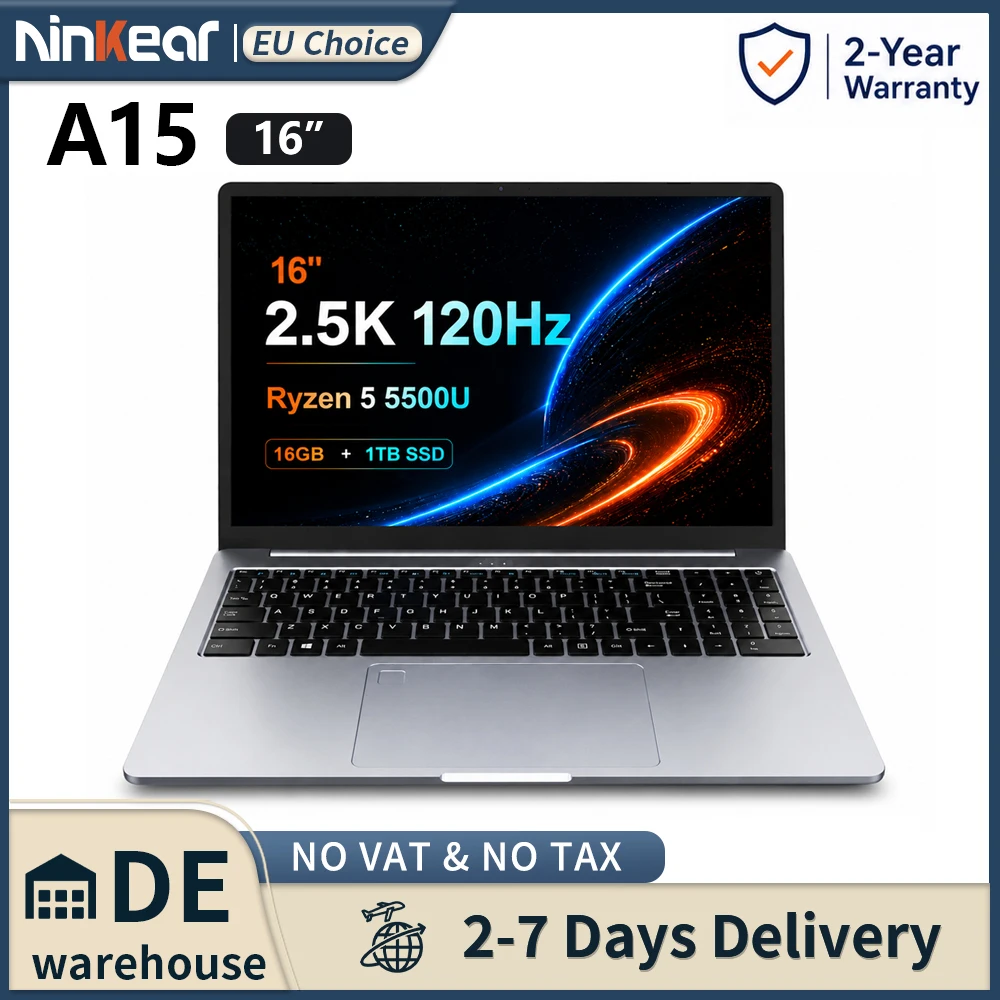 Ninkear A15 Pro Laptop AMD Ryzen 5 5500U 16GB RAM 1TB SSD 16 inch 2.5K 120Hz IPS Metal Body Windows 11 WiFi6 Fingerprint Business Office Gaming Notebook Portable Computer