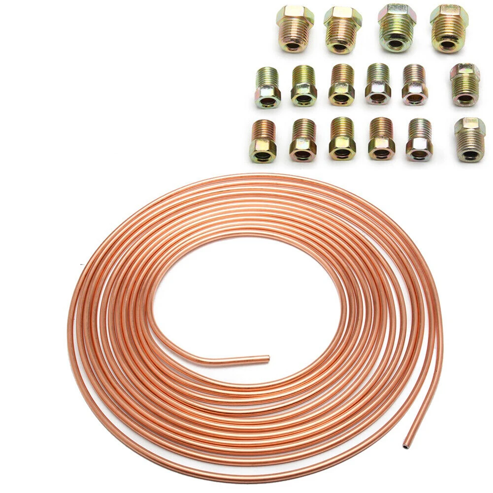 Car Brake Pipe Hose 3/16" OD Copper Nickel Coil with 16Pcs Nuts Anti-rust