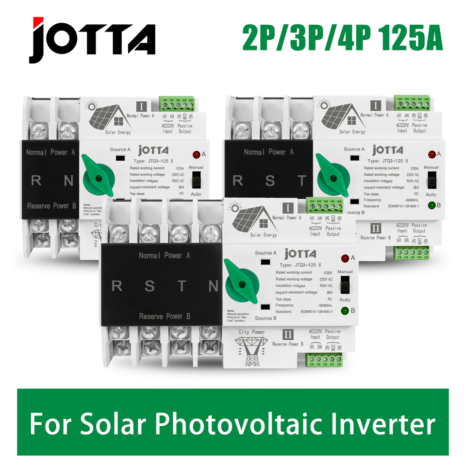JOTTA PC Type ATS Automatic Transfer Switch PV For Solar Photovoltaic Inverter 2P 3P 4P 100A 220V Din Rail Mounting