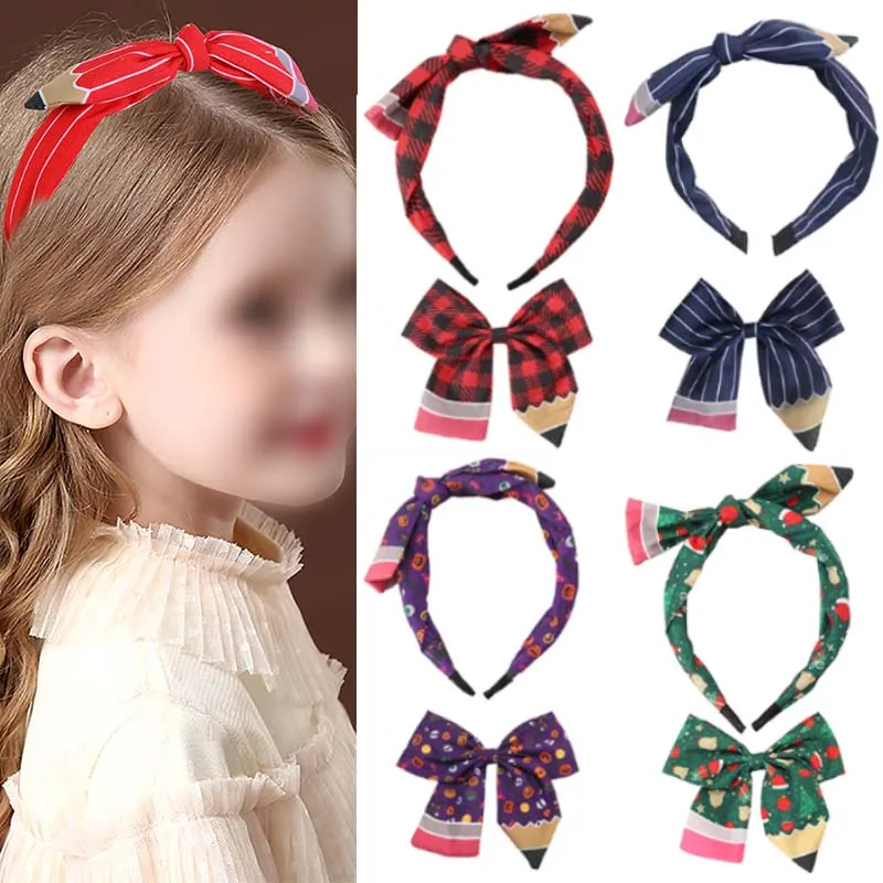 Oaoleer 2Pcs/set Christmas  Plaid Pencils Hair Bow Clip Headbands For Women Girl Cute Hairband Kids Hair Hoop Winter Accessories dvotinst newborn baby photography props knit christmas red santa clause hat romper 2pcs outfits set studio shooting photo props