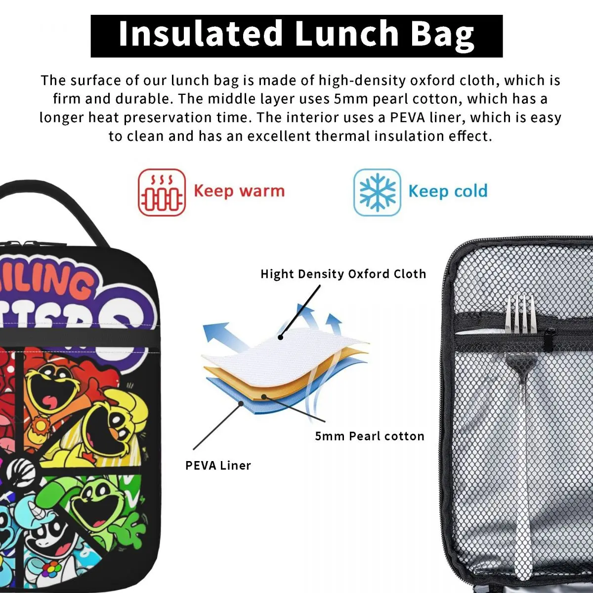 Lunch Bag Smiling Critters Catnap Insulated Funny Cartoon Cat Food Portable Thermal Cooler for Picnic