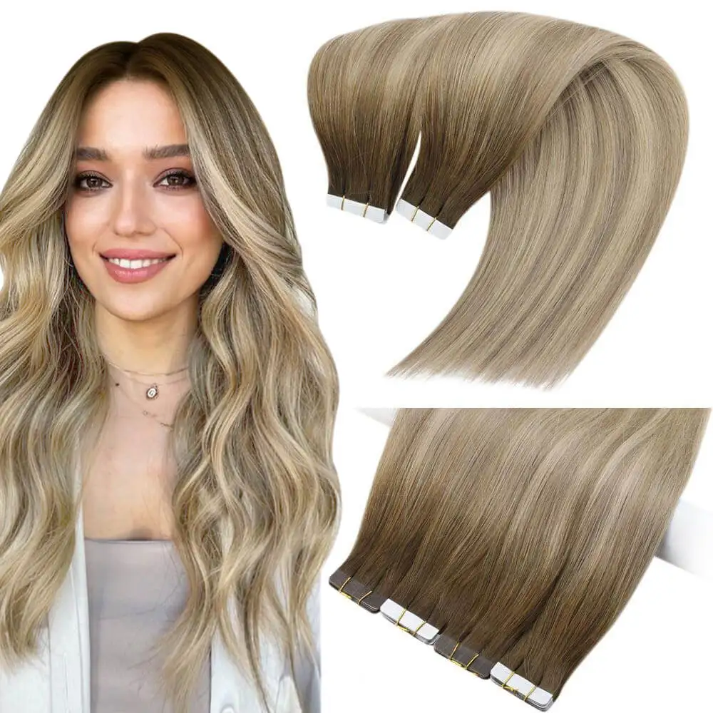 Moresoo Virgin Tape in Hair Extensions 100% Real Human Hair Blonde Ombre Brown 25G 12 Months Invisible Tape In Hair Extensions
