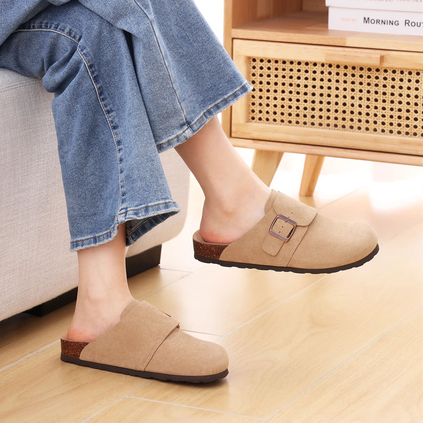 Women's Cork Clogs Cow Suede Mules With Arch Support For Women_voghion.com