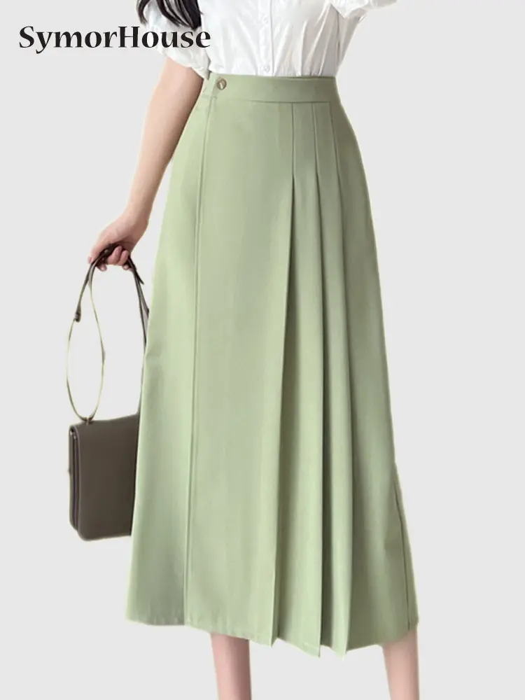 

Spring Summer Autumn Simpe Long Pleated Skirts Women High Waist Loose Casual Office Lady Black Green A-Line Skirts Female