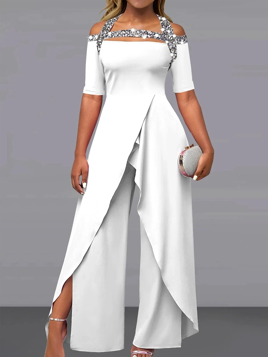 Women's Jumpsuit Off Shoulder Elegant Party Office Wide Leg Regular Short Sleeve Summer Solid color printing overalls