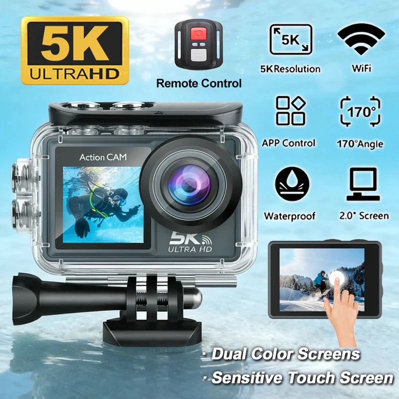 Regaton 5K Action Camera, 2" IPS Touch Screen 5X Zoom 170° Wide Angle, 30M Waterproof WiFi Mini Sports Cam with Remote Control