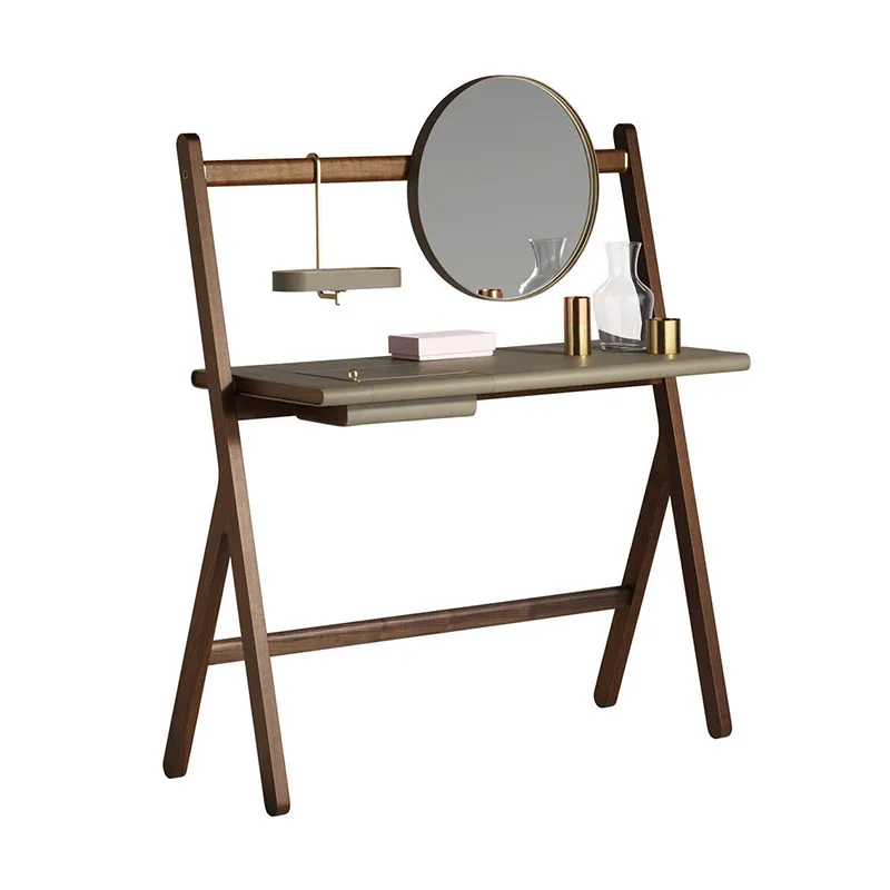 

Italian Black Walnut Solid Wood Dressing Table Bedroom Modern Minimalist Saddle Leather Dresser Dresser