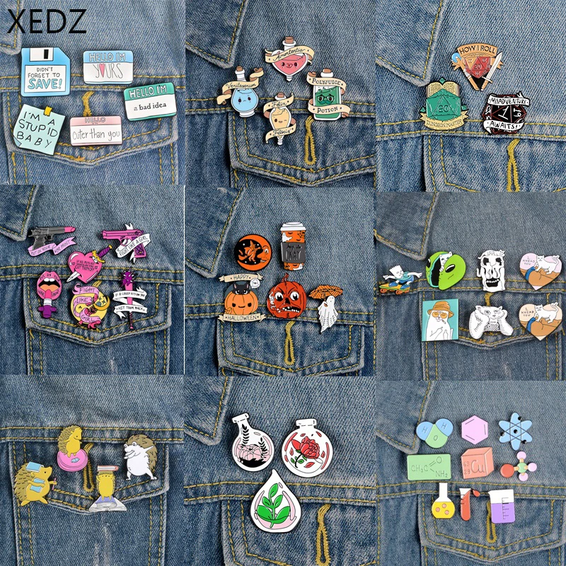 3~9 pieces/set of enamel pins diary note bottle bone cat pistol halloween jungle dog hedgehog fish tank shirt jewelry brooch | Украшения и