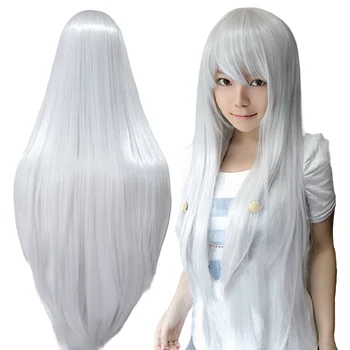 Parrucca lunga bianca con nastro sintetico per cosplay anime Parrucca bianca diritta per feste in costume di Halloween con frangia