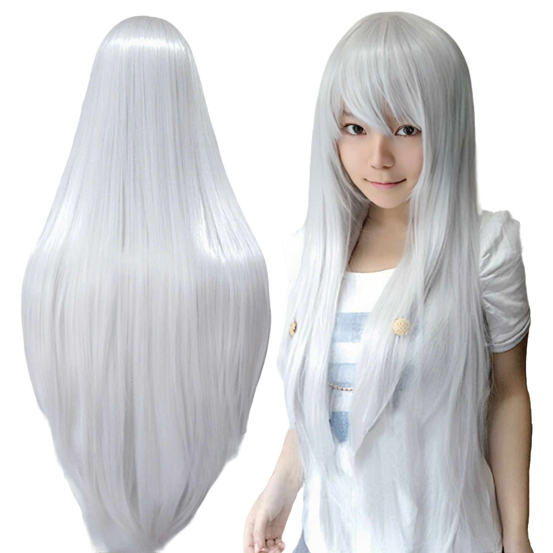 Synthetic Sliver White Long Wig for Anime Cosplay Halloween Costume Party Straight Whitish Wig with Bangs