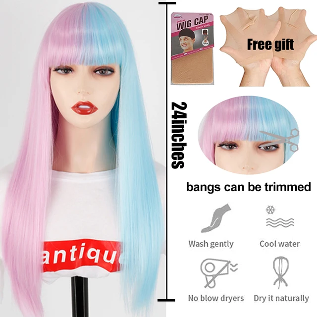 Synthetic Hair Pink and Black Wig Two layers of Wigs Long Straight hair Cosplay Wig Two Tone Ombre Color Women Wigs Lolita Wig T4/27/30