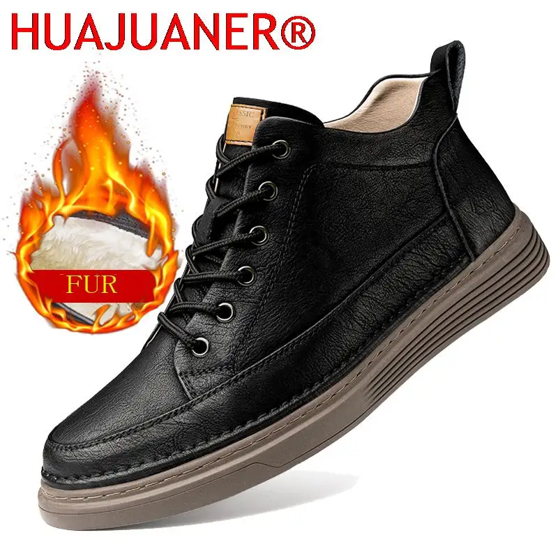 

New Winter Boots Fur Genuine Leather Ankle Boots Plus Velvet Black High Top Shoes Outdoor Sneakers Oxford Thick Sole Snow Boots