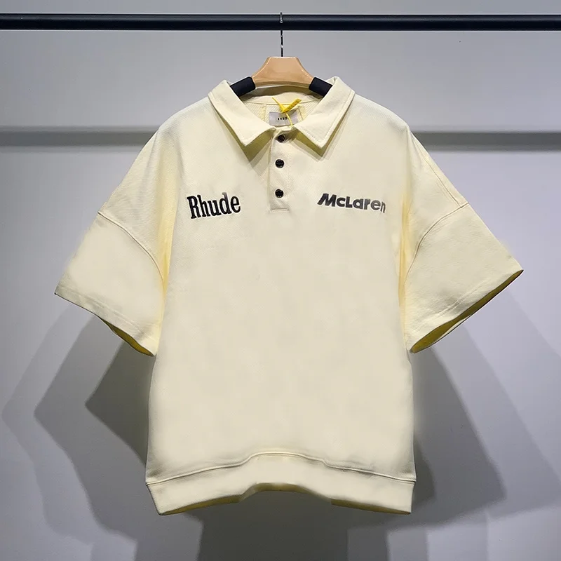 

Rhude Letter Logo Embroidered Lapel Pullover T-Shirt Apricot S-XL