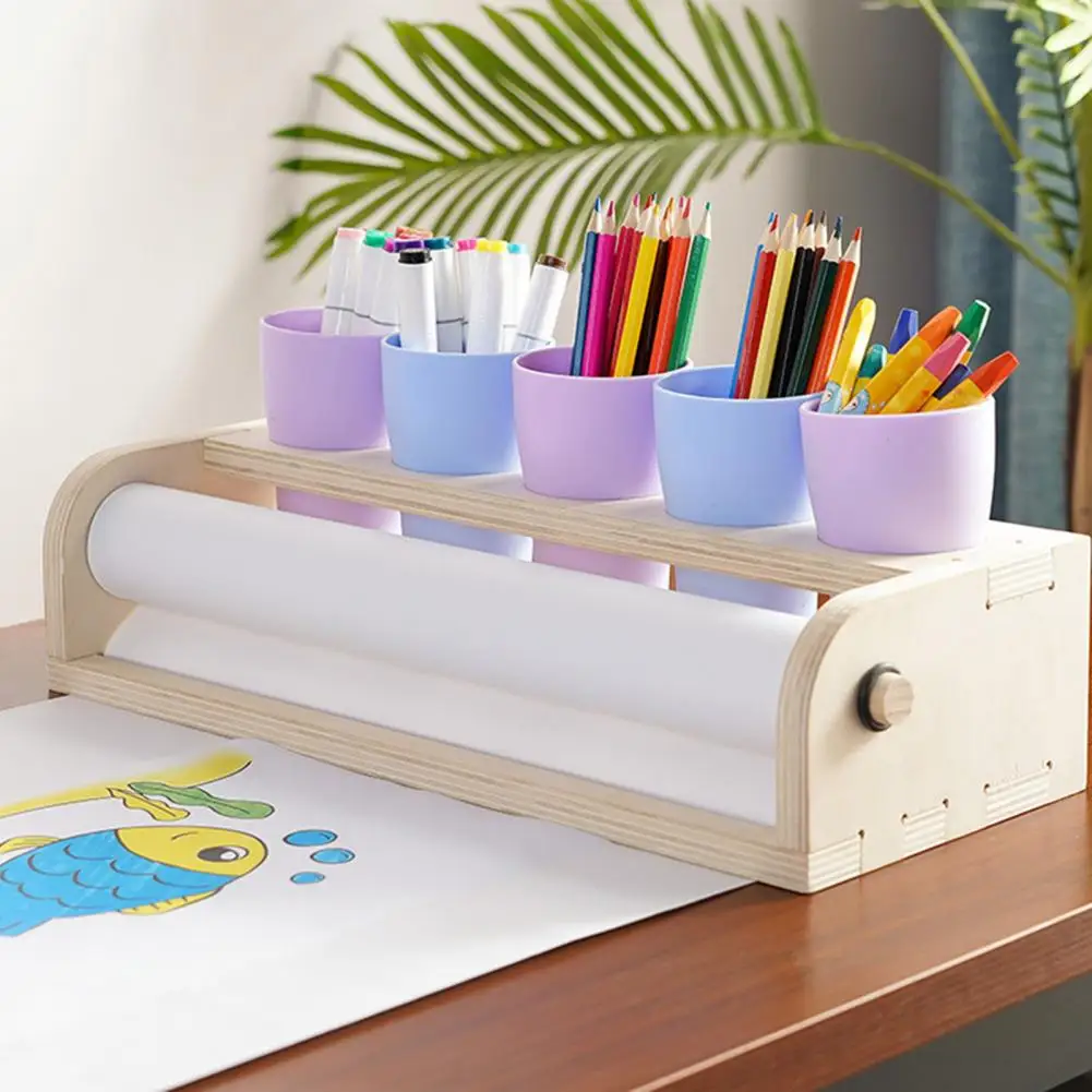 Wooden Paper Dispenser Desktop Paper Roll Holder Drawing Roll Organizer with Pen Holder for School Art Studio Home
